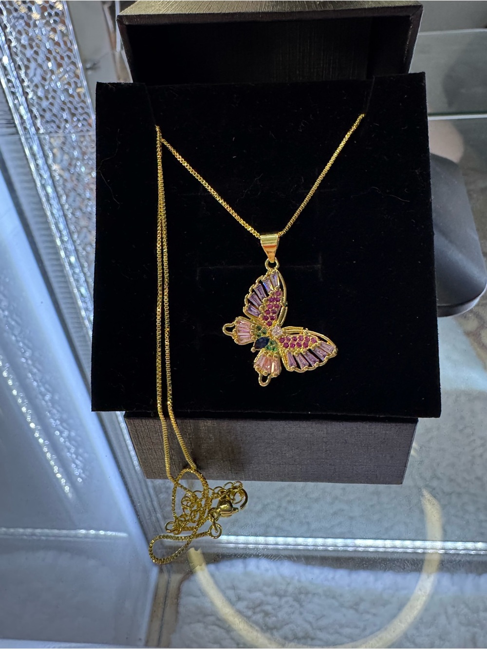 Gold Butterfly Pendant Necklace - Pink & Purple Accent